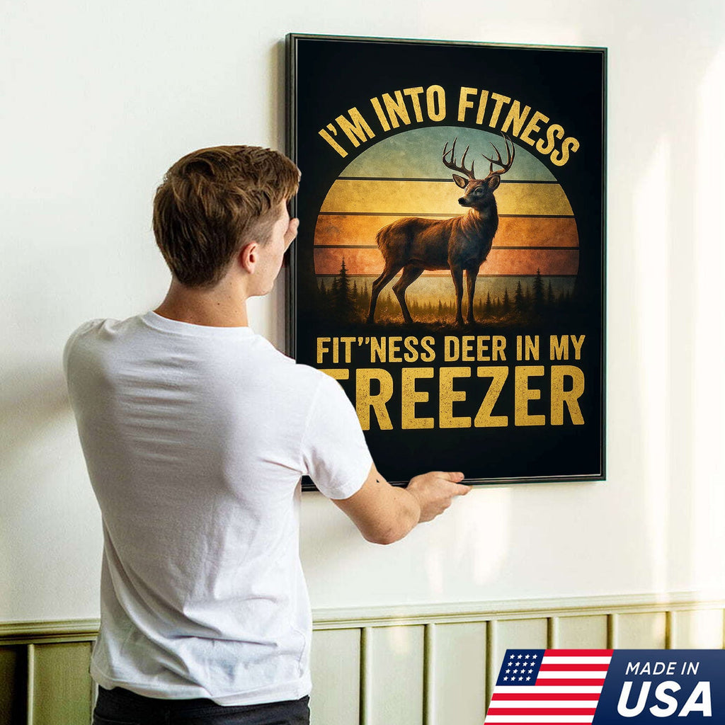 Funny Deer Hunting Canvas Wall Art — “I’m Into Fitness, Fit’ness Deer In My Freezer” Retro Sunset Design