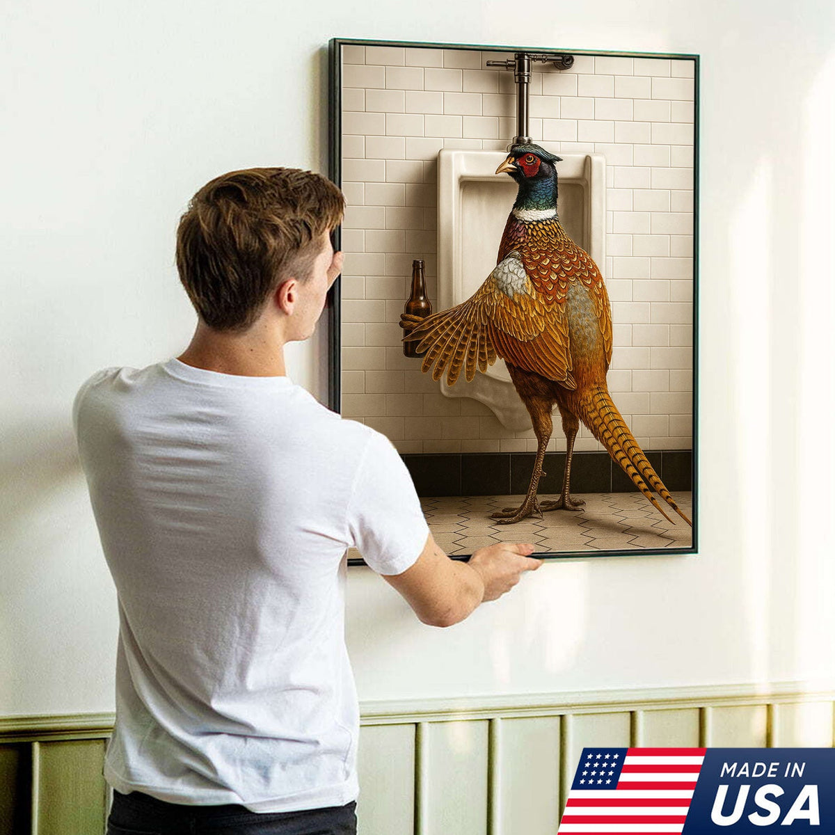 Funny Pheasant Canvas Wall Art – Hilarious Bathroom Humor Decor – Rustic Hunting Cabin Gag Gift