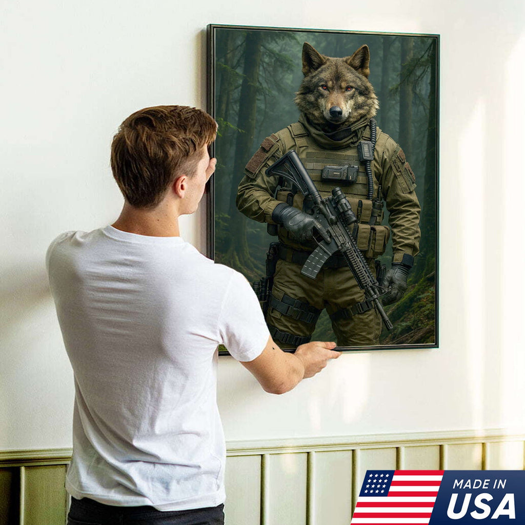 Tactical Wolf Canvas Art – Elite Armored Wolf Warrior in Forest