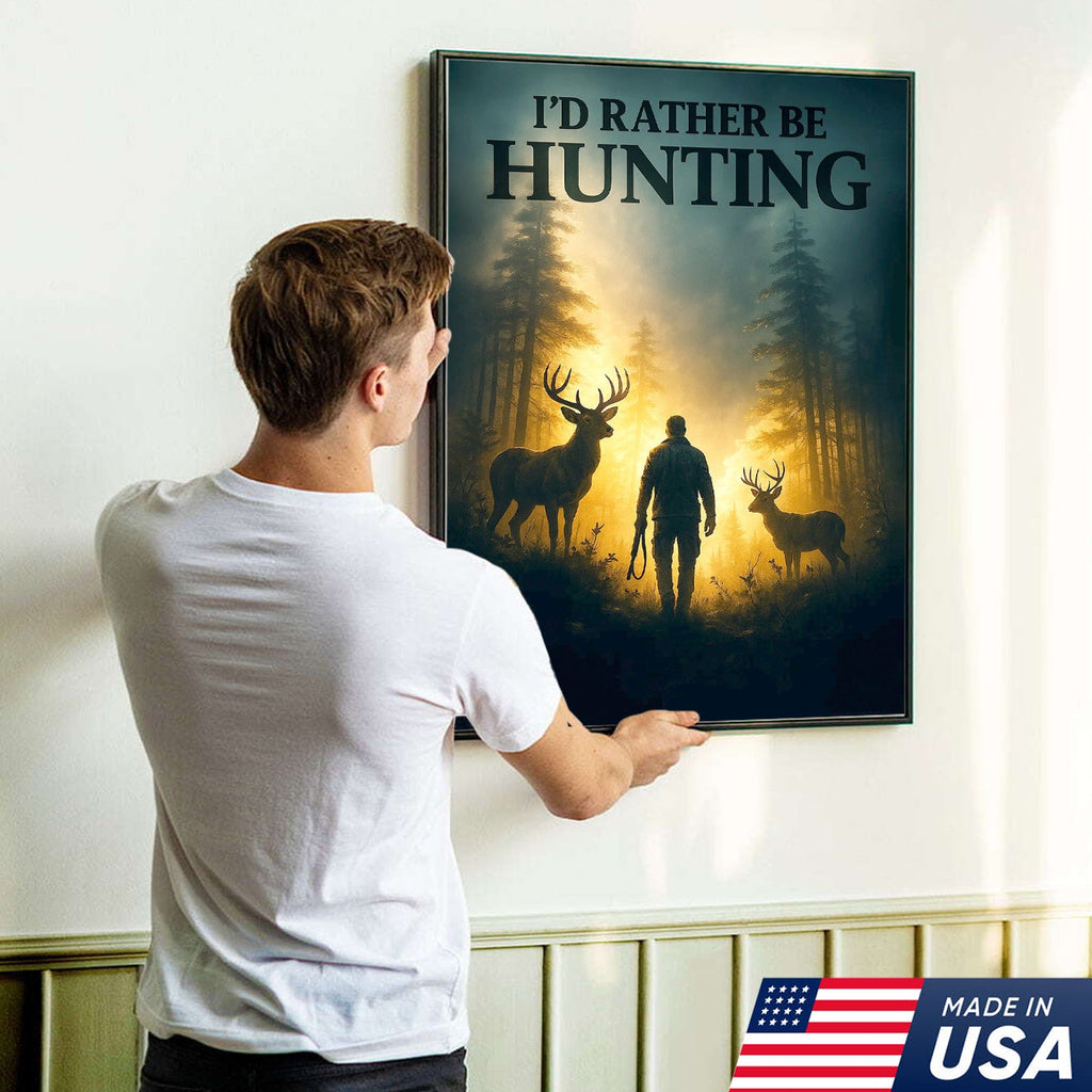 I'd Rather Be Hunting Canvas Wall Art – Rustic Deer and Hunter Scene – Cabin Lodge Outdoor Decor