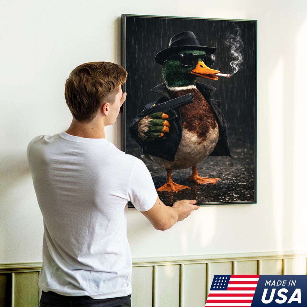 Noir Gangster Duck Canvas Wall Art, Dark Cinematic Animal Illustration
