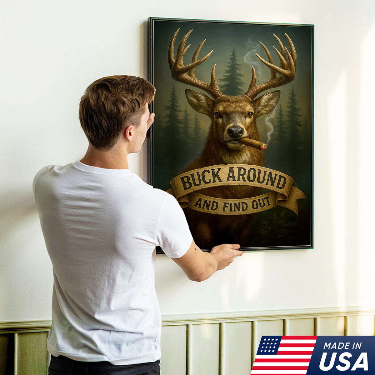 Funny Deer Hunting Canvas Wall Art — “Buck Around and Find Out” Rustic Design with Smoking Buck