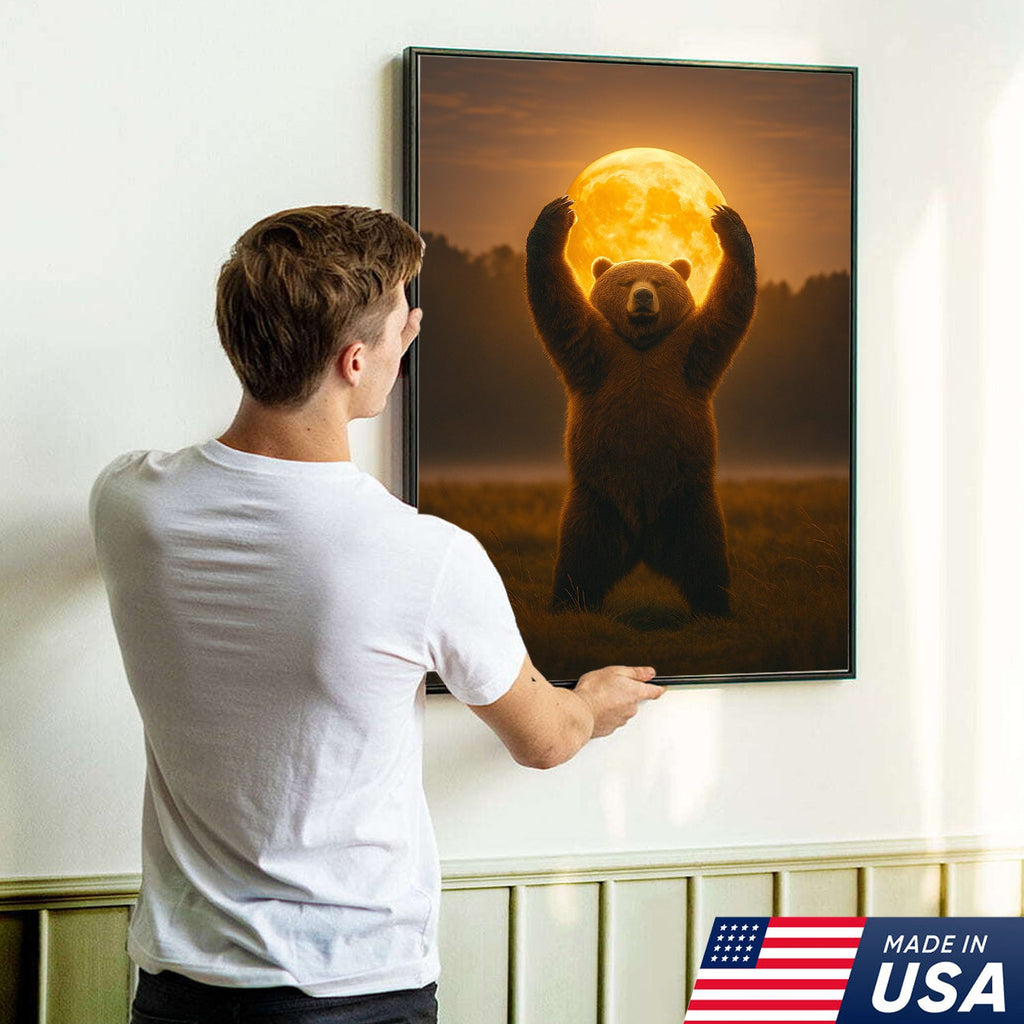 Bear Holding the Full Moon Wall Art Canvas – Mystical Wildlife Decor for Cabin & Nature Lovers
