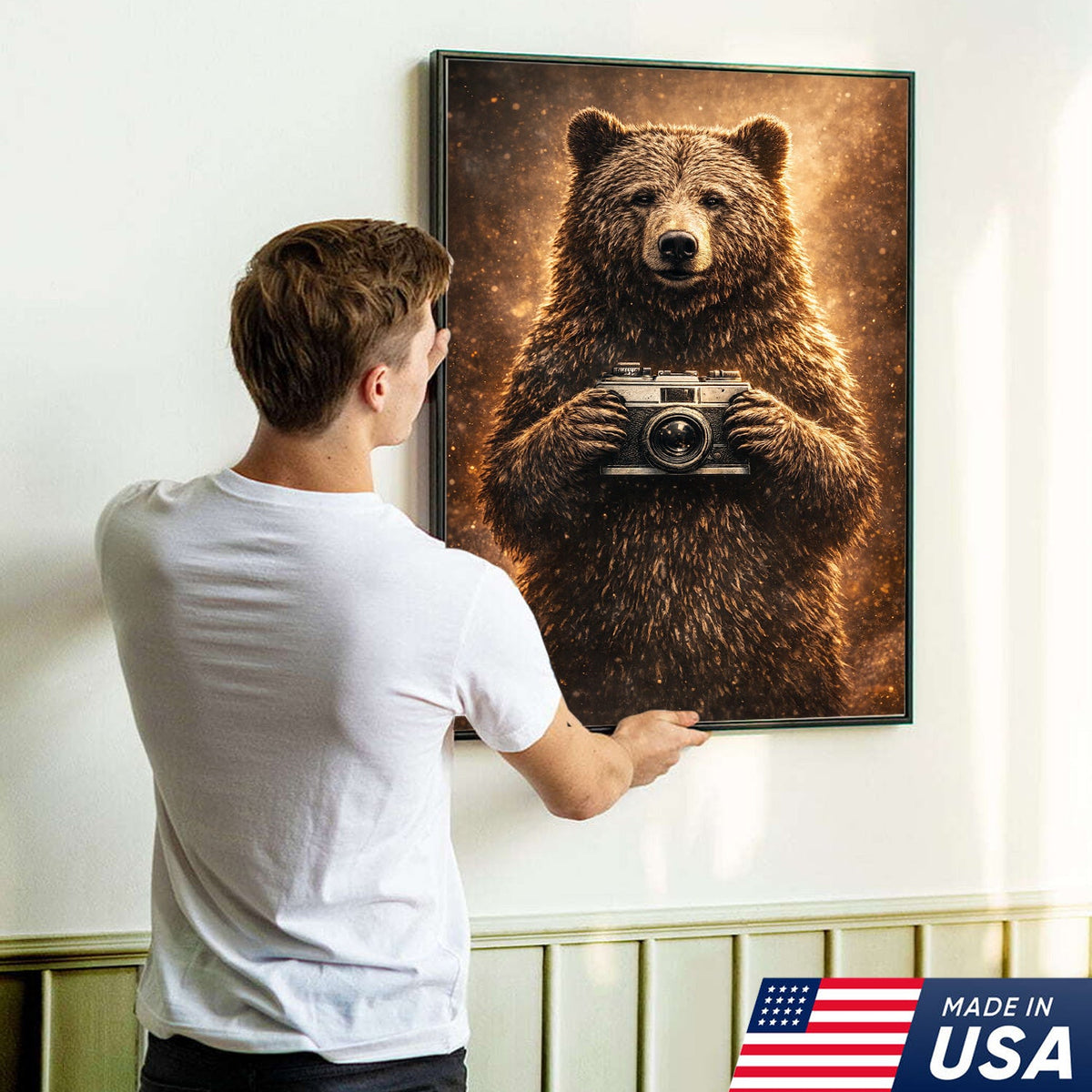 Funny Bear Photographer Wall Art Canvas – Rustic Wildlife Camera Canvas Print Decor