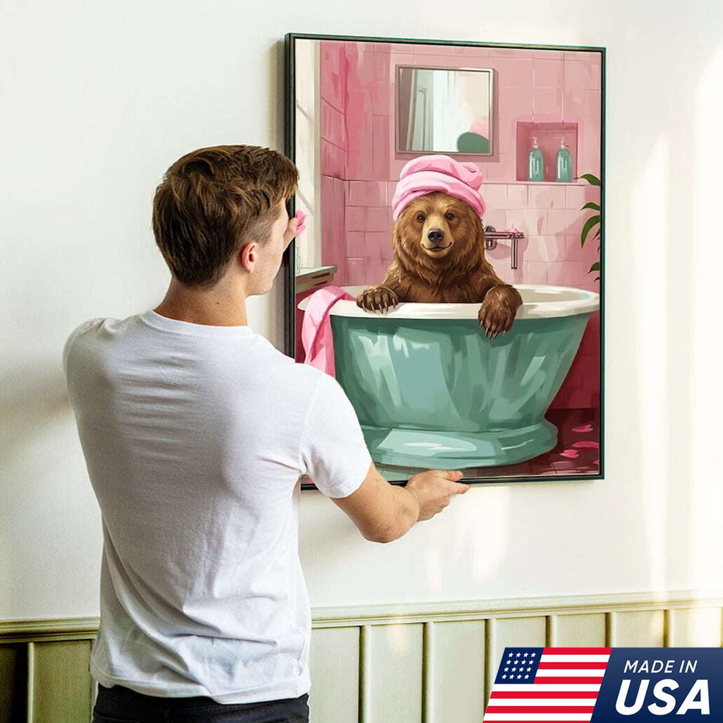 Funny Bear Bathroom Wall Art, Cute Bath Bear Canvas, Pink Bathroom Decor