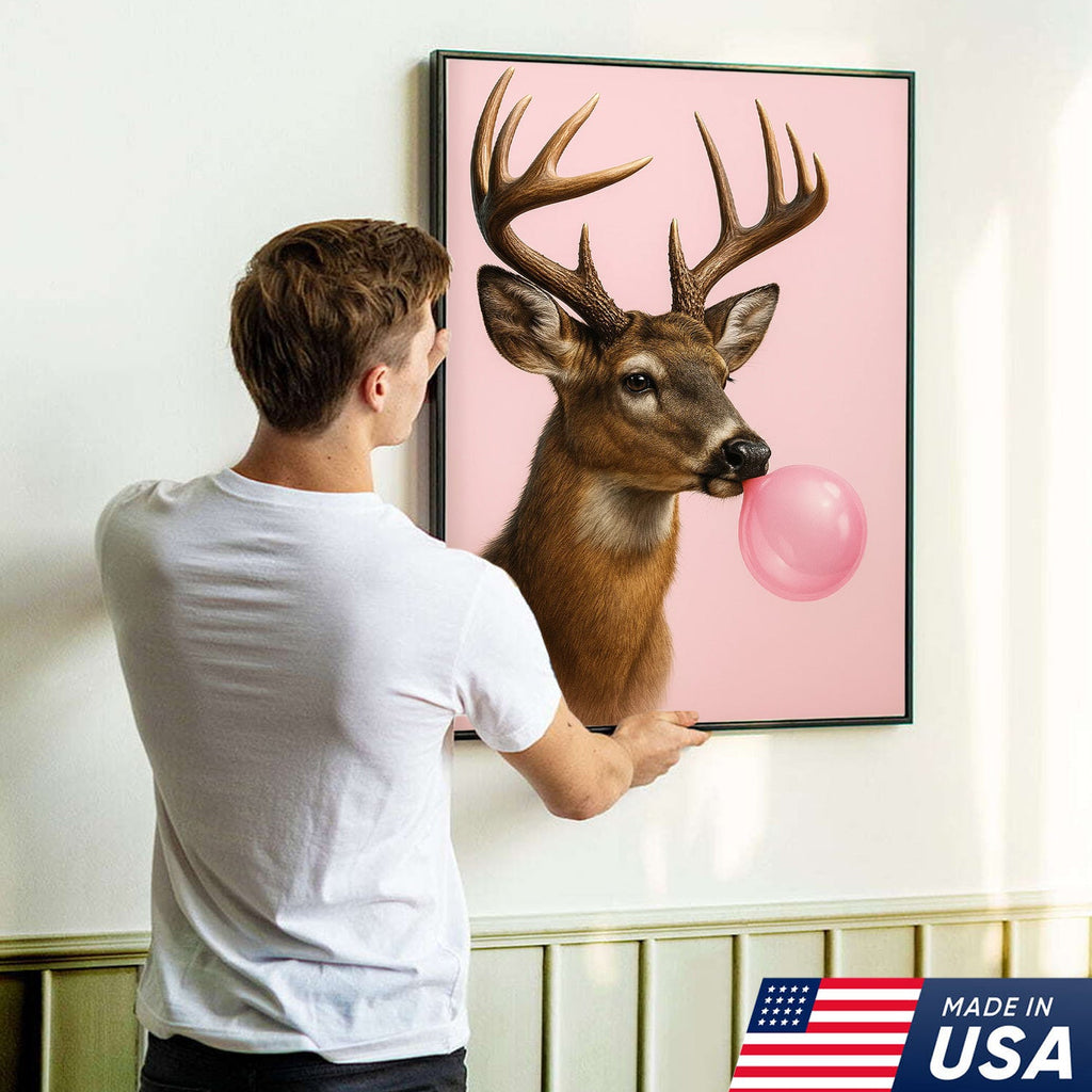 Funny Deer Blowing Bubblegum Wall Art – Modern Animal Canvas Print for Living Room