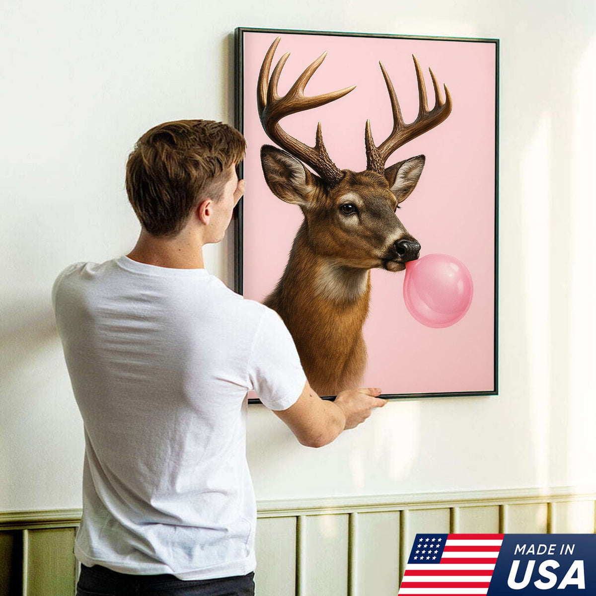 Funny Deer Blowing Bubblegum Wall Art – Modern Animal Canvas Print for Living Room