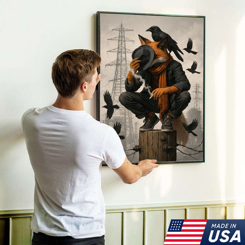 Urban Fox and Raven Canvas Wall Art, Industrial Fantasy Fox Illustration