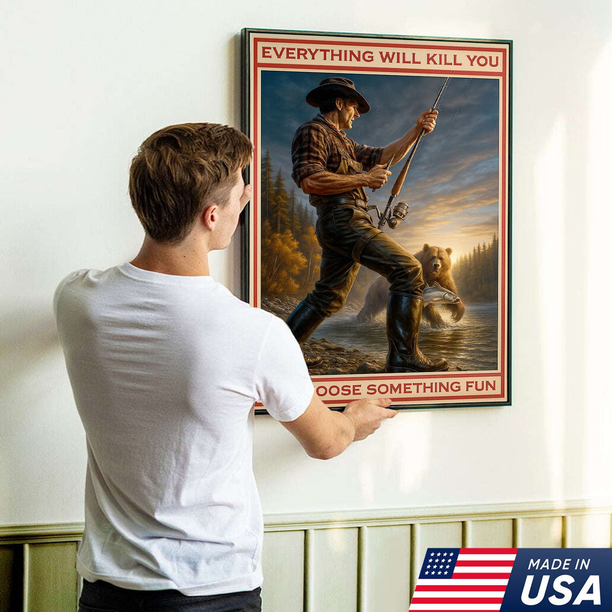 Everything Will Kill You Bear Fishing Canvas Wall Art– Funny Fishing & Bear Wall Art for Man Cave Decor