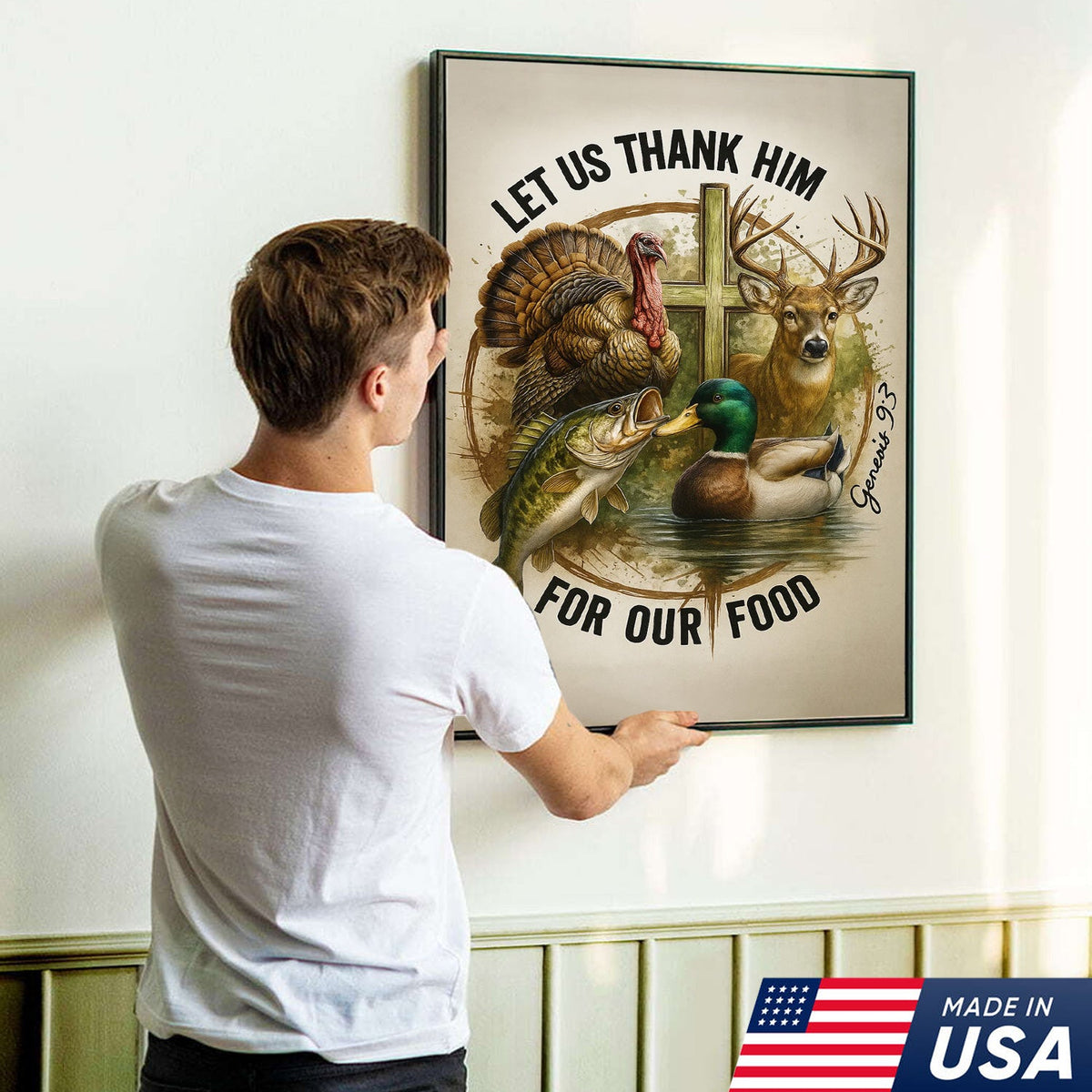 Christian Hunting Canvas Wall Art — “Let Us Thank Him For Our Food” with Deer, Turkey, Duck & Fish
