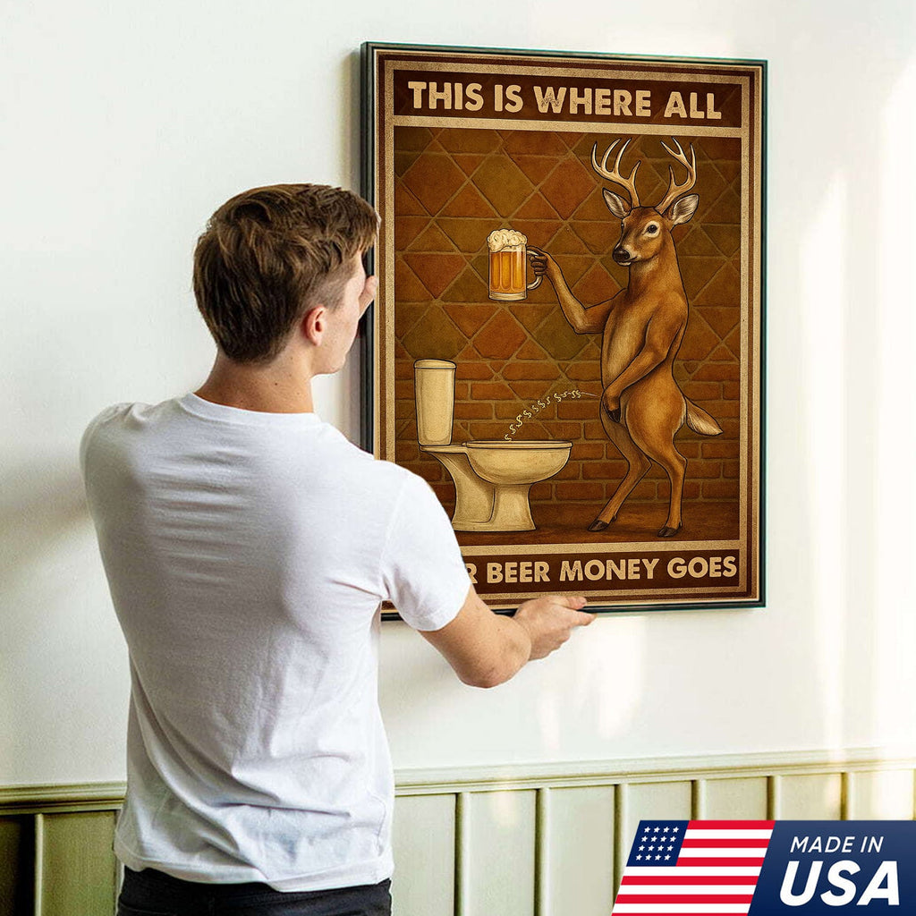 Funny Deer Beer Canvas Wall Art – Rustic Hunting Lodge Bar Decor Gift for Hunters & Beer Lovers