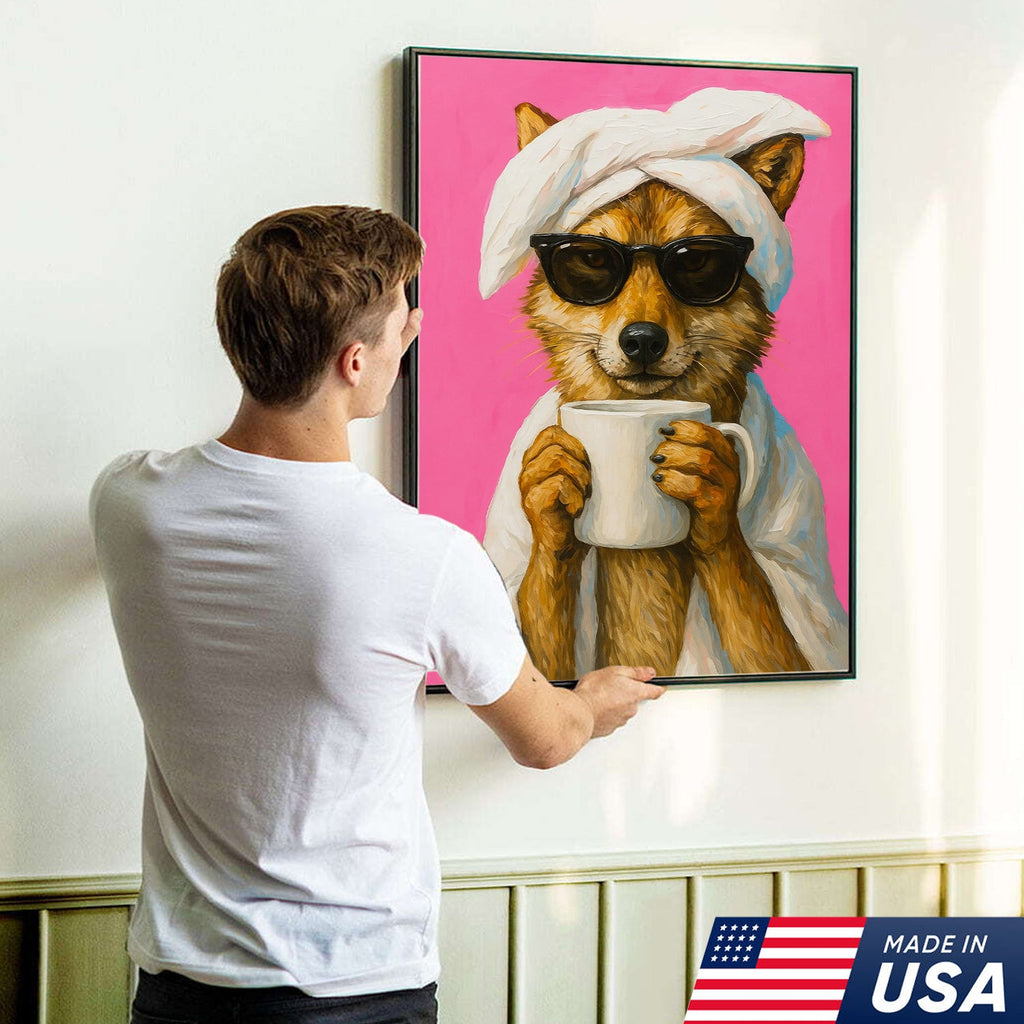 Funny Fox Drinking Coffee Wall Art – Modern Animal Canvas Print for Kitchen