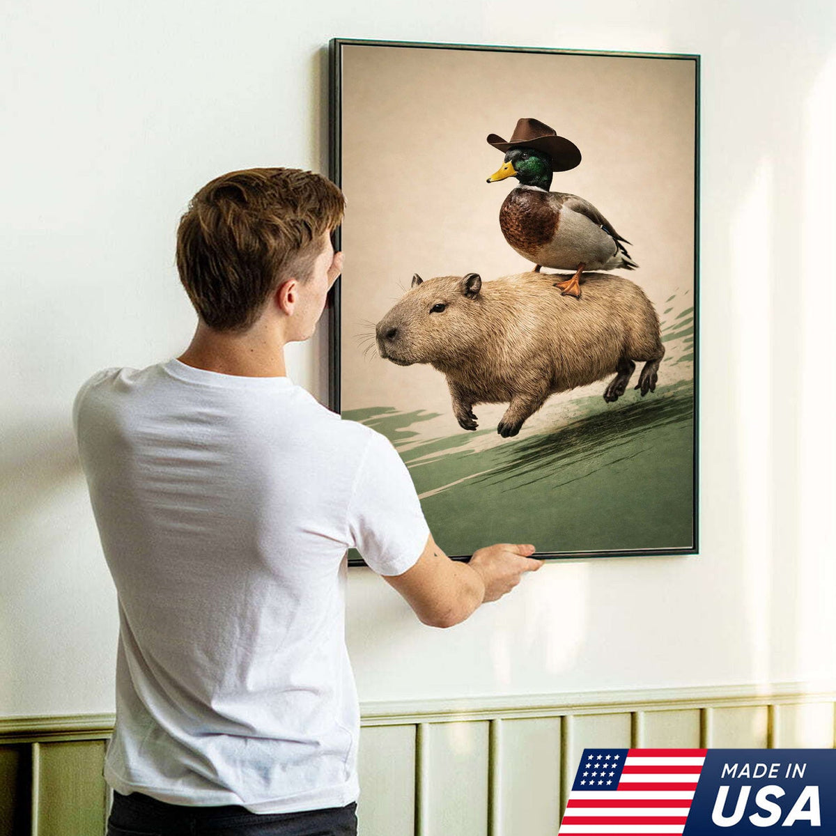Whimsical Cowboy Duck Riding Capybara Canvas Wall Art, Surreal Animal Adventure Painting