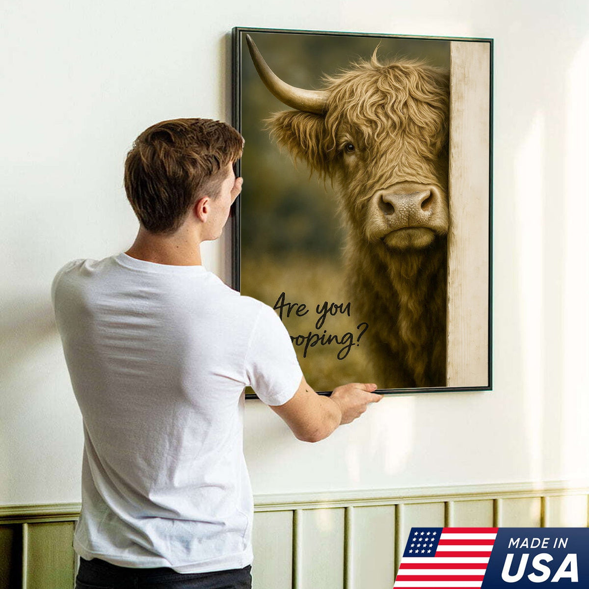 Highland Cow Bathroom Wall Art, Funny “Are You Pooping?” Farmhouse Canvas