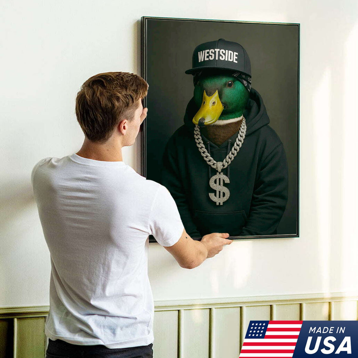 Gangster Duck Canvas Wall Art – Funny Animal Portrait, Hip Hop Duck Decor