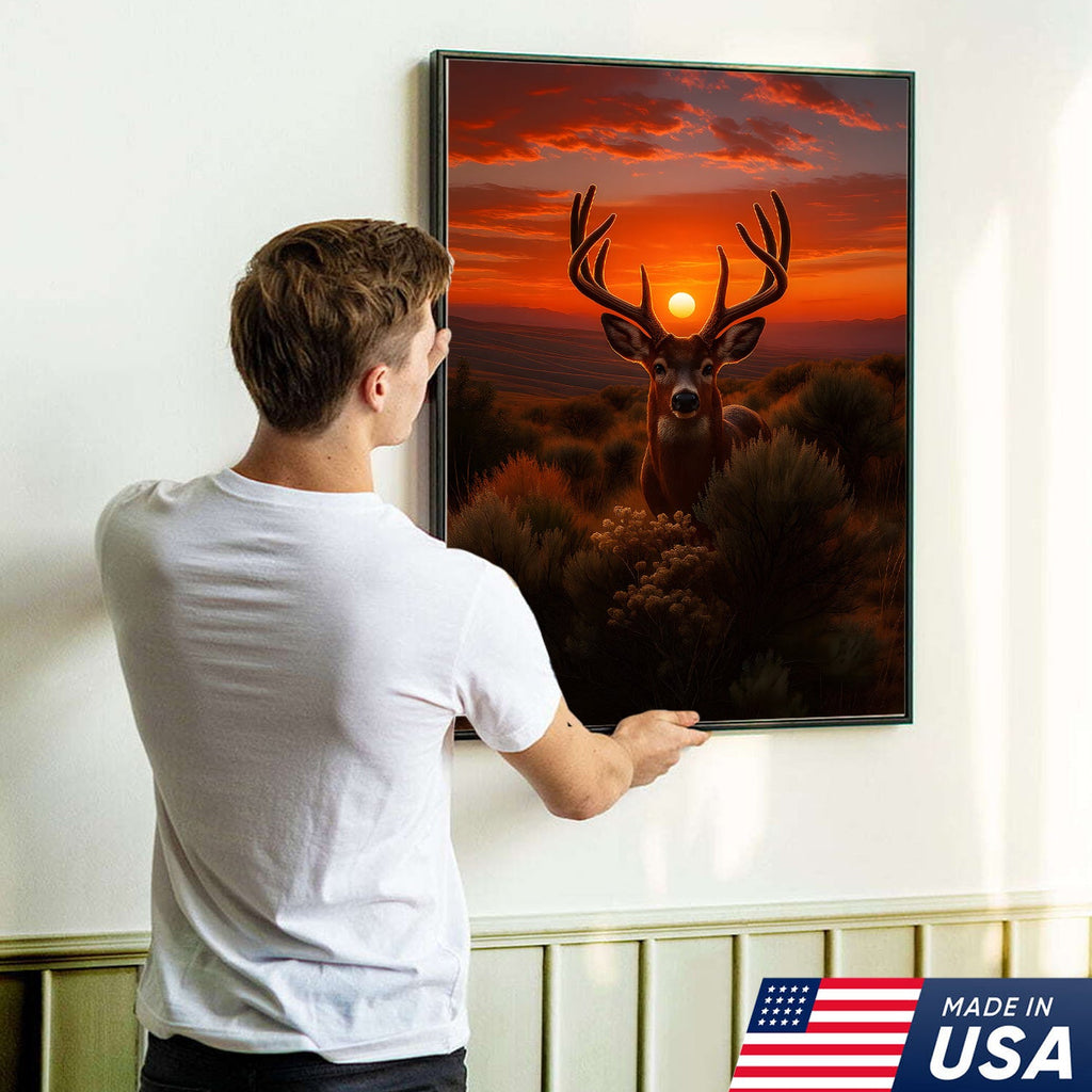 Deer Sunset Canvas Wall Art, Majestic Buck Silhouette in Orange Sky
