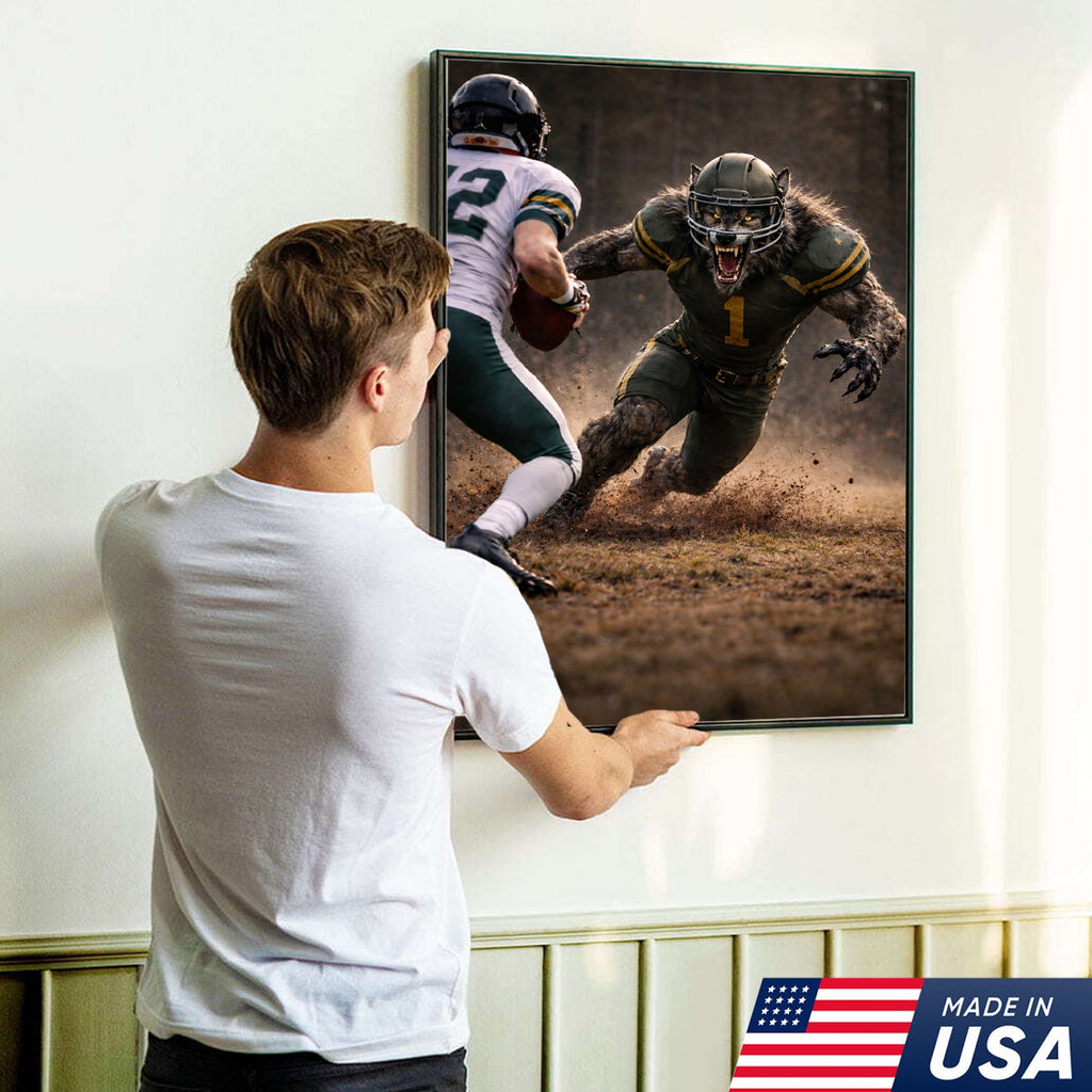 Fierce Wolf Football Canvas Wall Art – Intense Stadium Tackle Sports Print