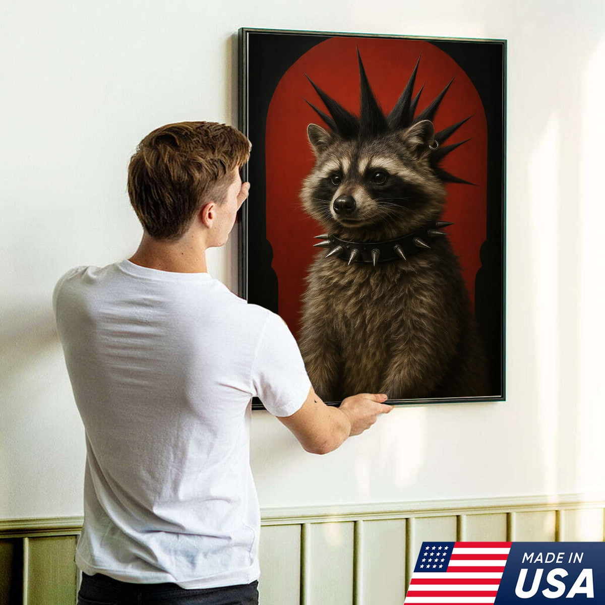 Punk Raccoon Canvas Wall Art, Spiked Mohawk Animal Portrait, Gothic Aesthetic Room Decor
