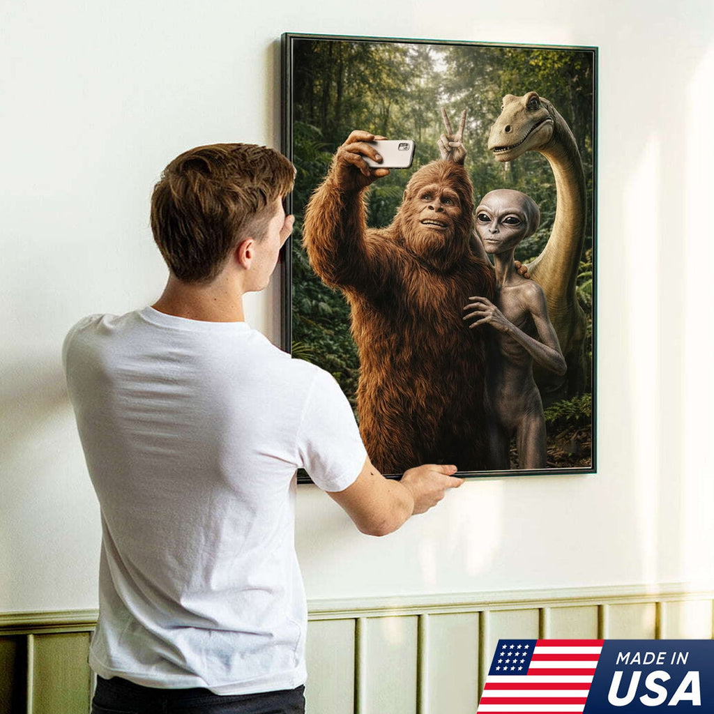 Funny Bigfoot Alien Dinosaur Selfie Canvas Wall Art, Whimsical Fantasy Creature Humor Print
