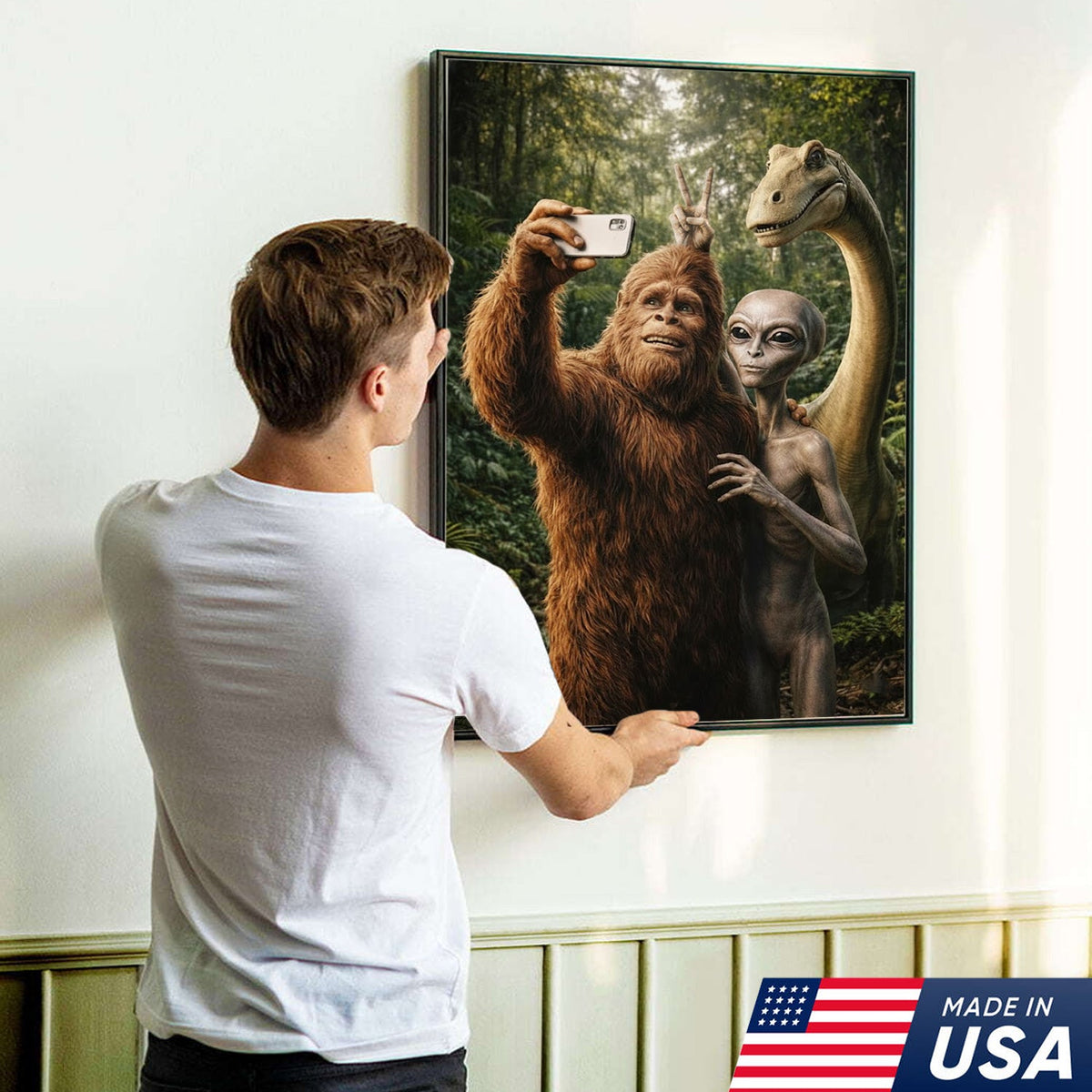 Funny Bigfoot Alien Dinosaur Selfie Canvas Wall Art, Whimsical Fantasy Creature Humor Print