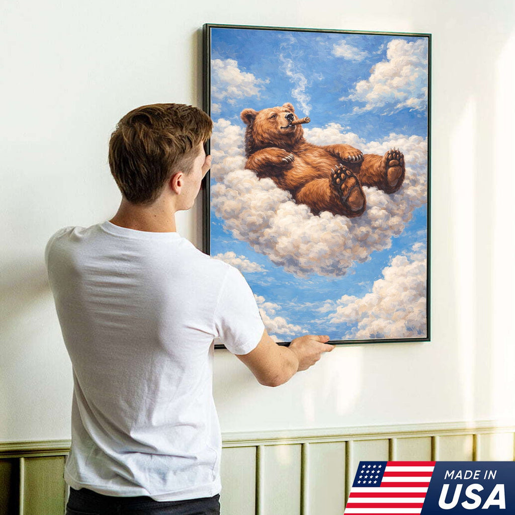 Relaxed Bear on Cloud Canvas Wall Art, Whimsical Animal Fantasy Illustration