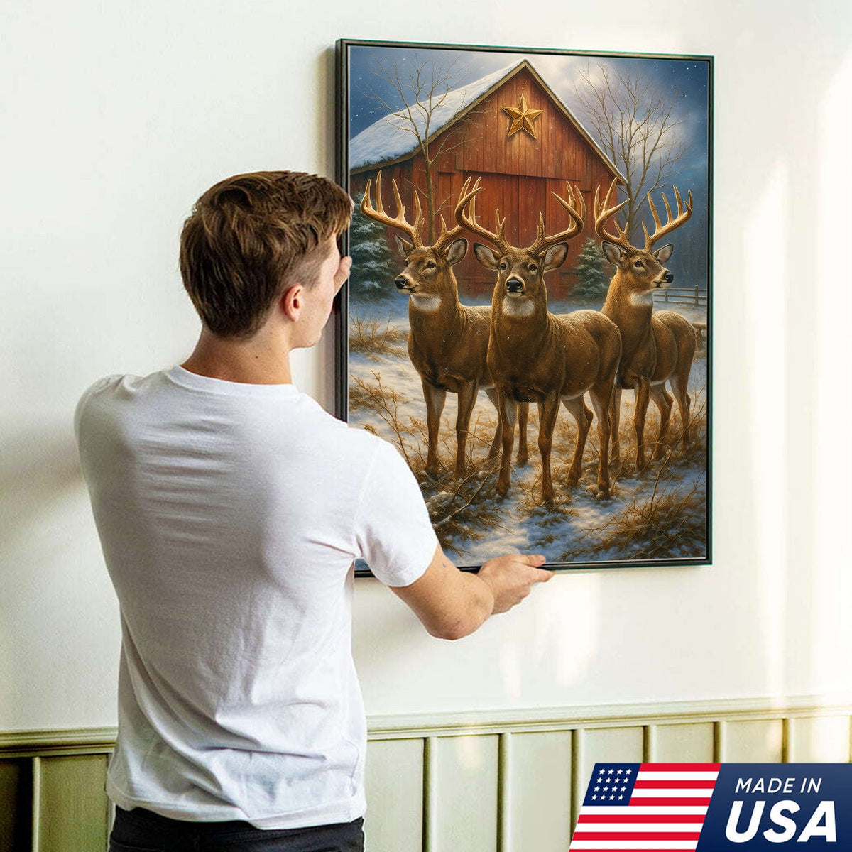 Deer Trio Winter Barn Canvas – Rustic Wildlife Wall Art Gift for Hunters, Nature & Christmas Lovers