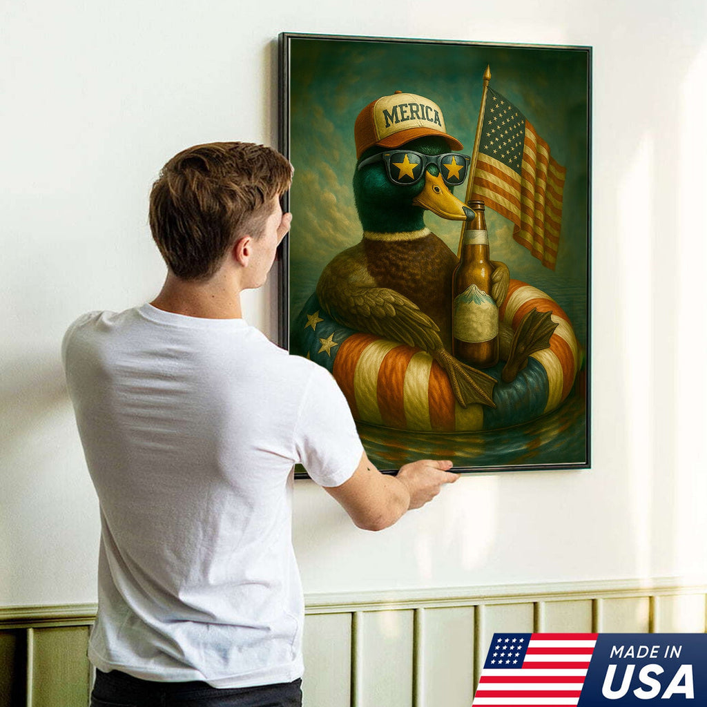 Funny Patriotic Duck Canvas Wall Art – Rustic American Flag Decor Gift for Hunters & Beer Lovers