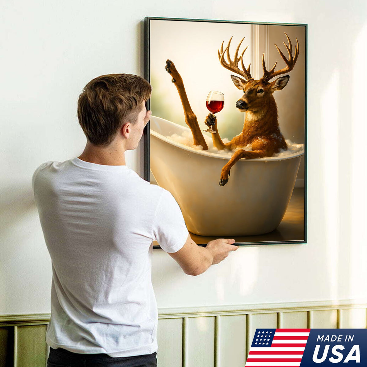 Relaxing Deer in Bathtub Funny Wall Art – Unique Gift for Hunters, Rustic Cabin Decor Canvas