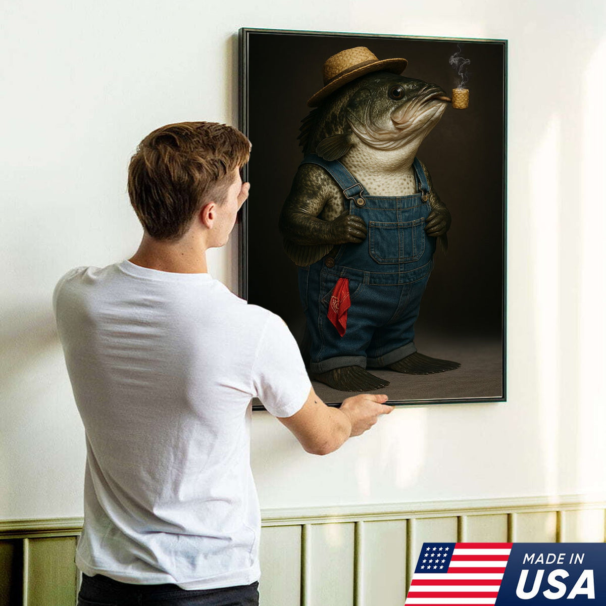 Funny Fisherman Bass Canvas, Rustic Fishing Wall Art, Humorous Country Fish Lover Decor