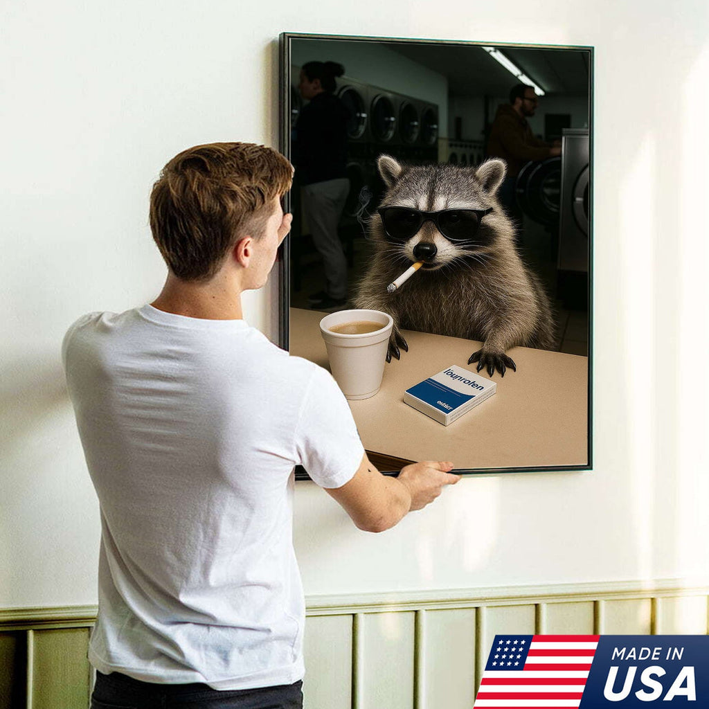Cool Raccoon Laundromat Canvas Wall Art, Funny Coffee Drinking Raccoon Print