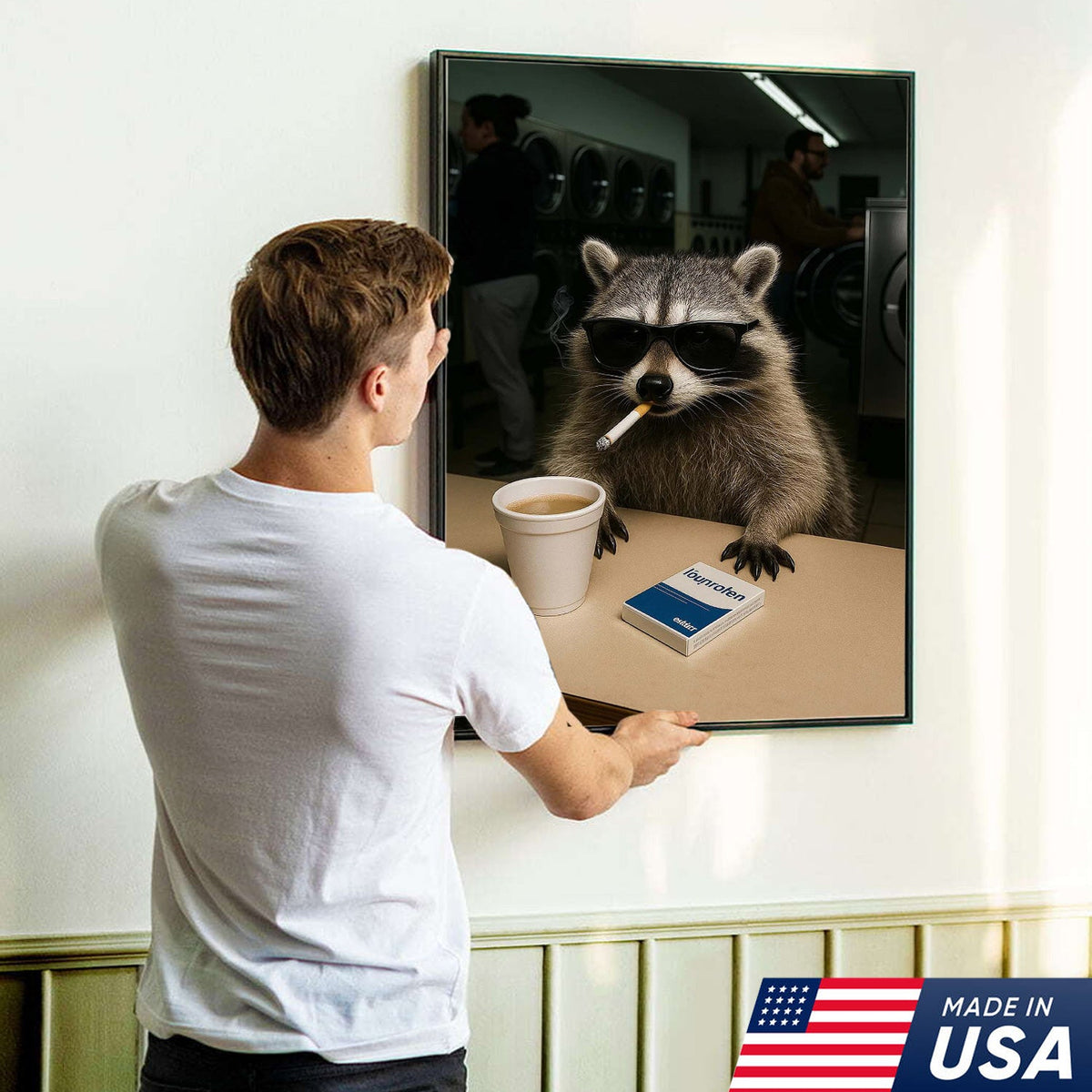 Cool Raccoon Laundromat Canvas Wall Art, Funny Coffee Drinking Raccoon Print