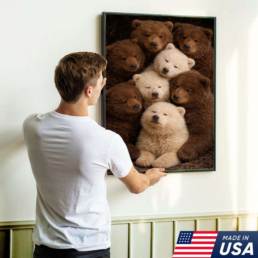 Cute Bear Cubs Canvas Wall Art, Brown and White Bear Family Portrait