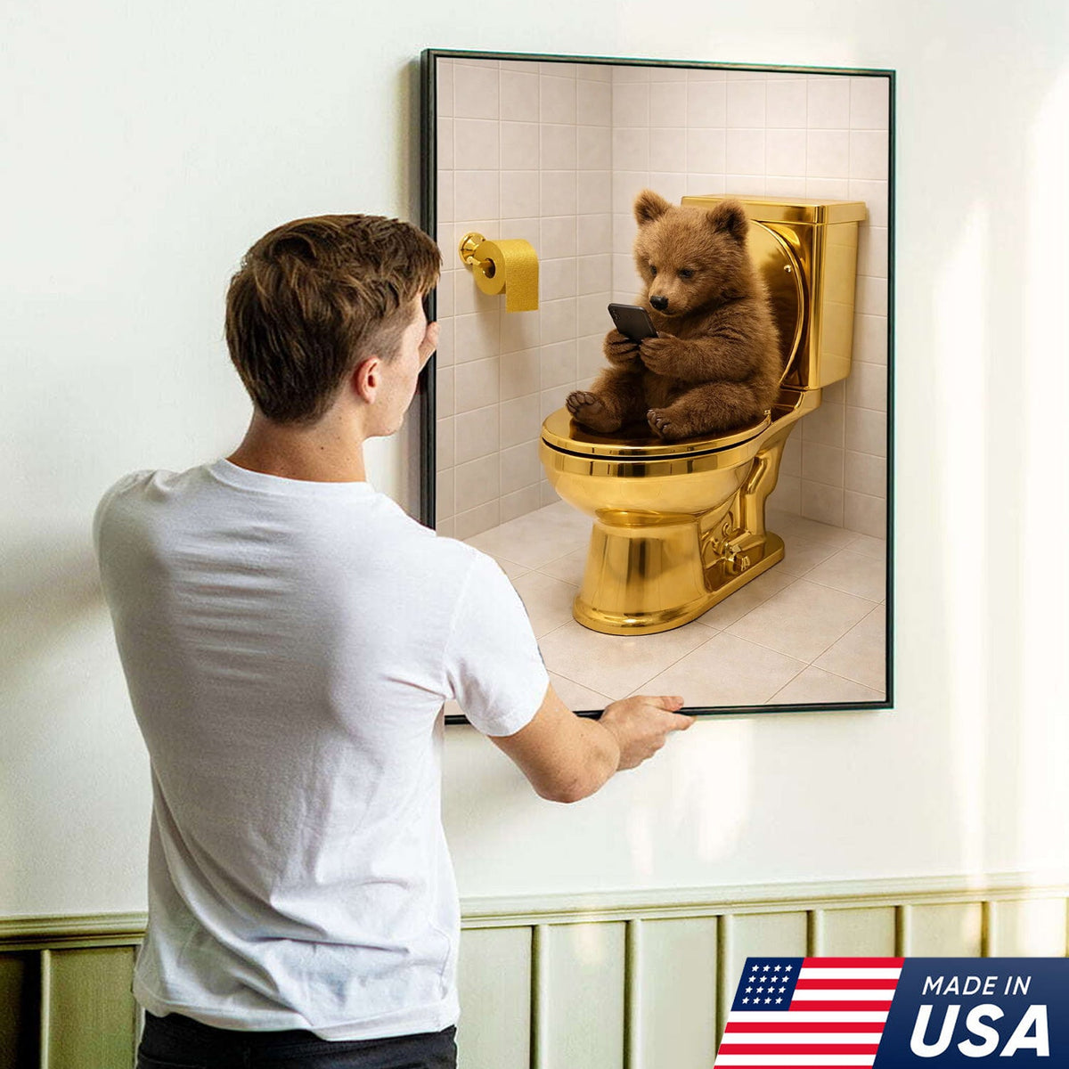 Funny Bear on Golden Toilet Canvas Wall Art, Cute Animal Bathroom Humor Illustration