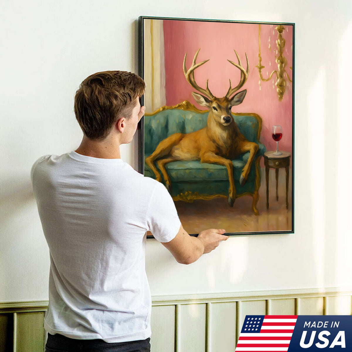 Funny Deer Chill On The Sofa Canvas Wall Art – Elegant Deer Drinking Wine Canvas