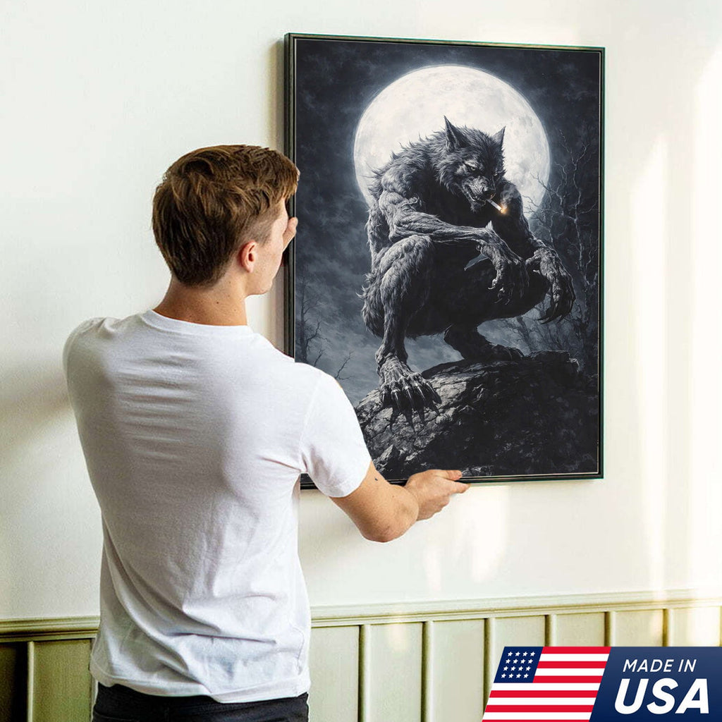 Dark Werewolf Moon Canvas Wall Art, Gothic Fantasy Wolf Illustration