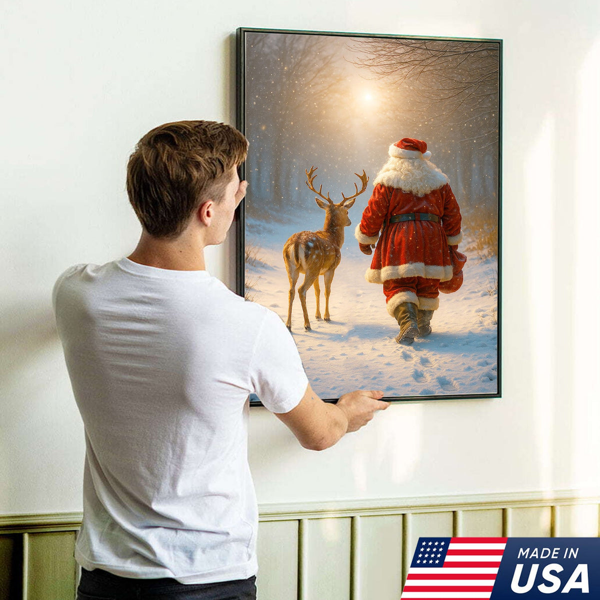 Santa and Deer Christmas Canvas Wall Art – Cozy Winter Forest Decor, Holiday Gifts for Home Lovers