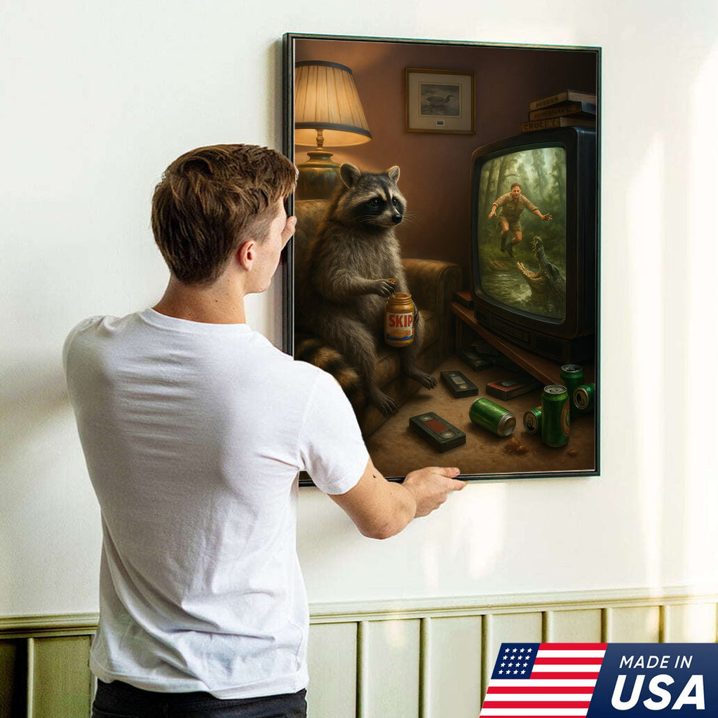 Funny Raccoon Watching TV Wall Art – Lazy Animal Painting, Wildlife Humor Canvas