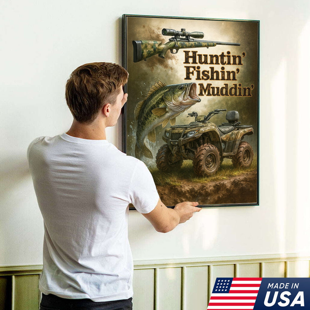 Huntin’ Fishin’ Muddin’ Canvas Wall Art, Deer Hunting and Fishing Decor for Men, Rustic ATV Cabin Artwork