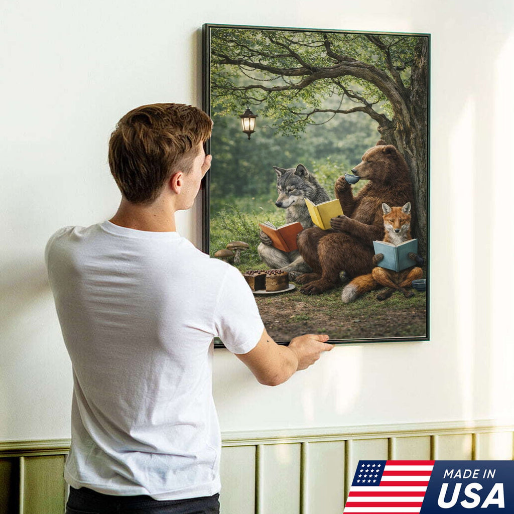 Whimsical Woodland Animals Reading Canvas Wall Art, Bear Wolf Fox Forest Storybook Decor