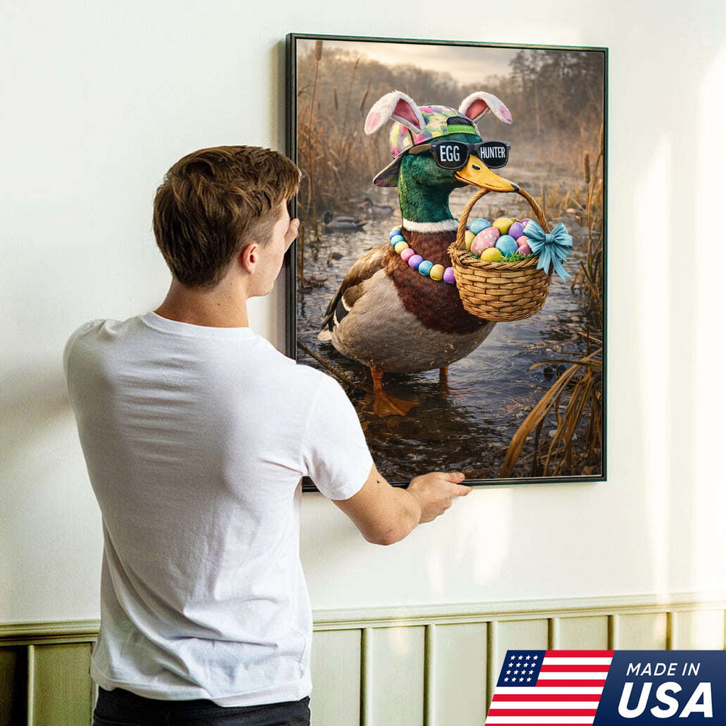 Funny Easter Duck Canvas Wall Art, Egg Hunter Mallard with Basket Portrait