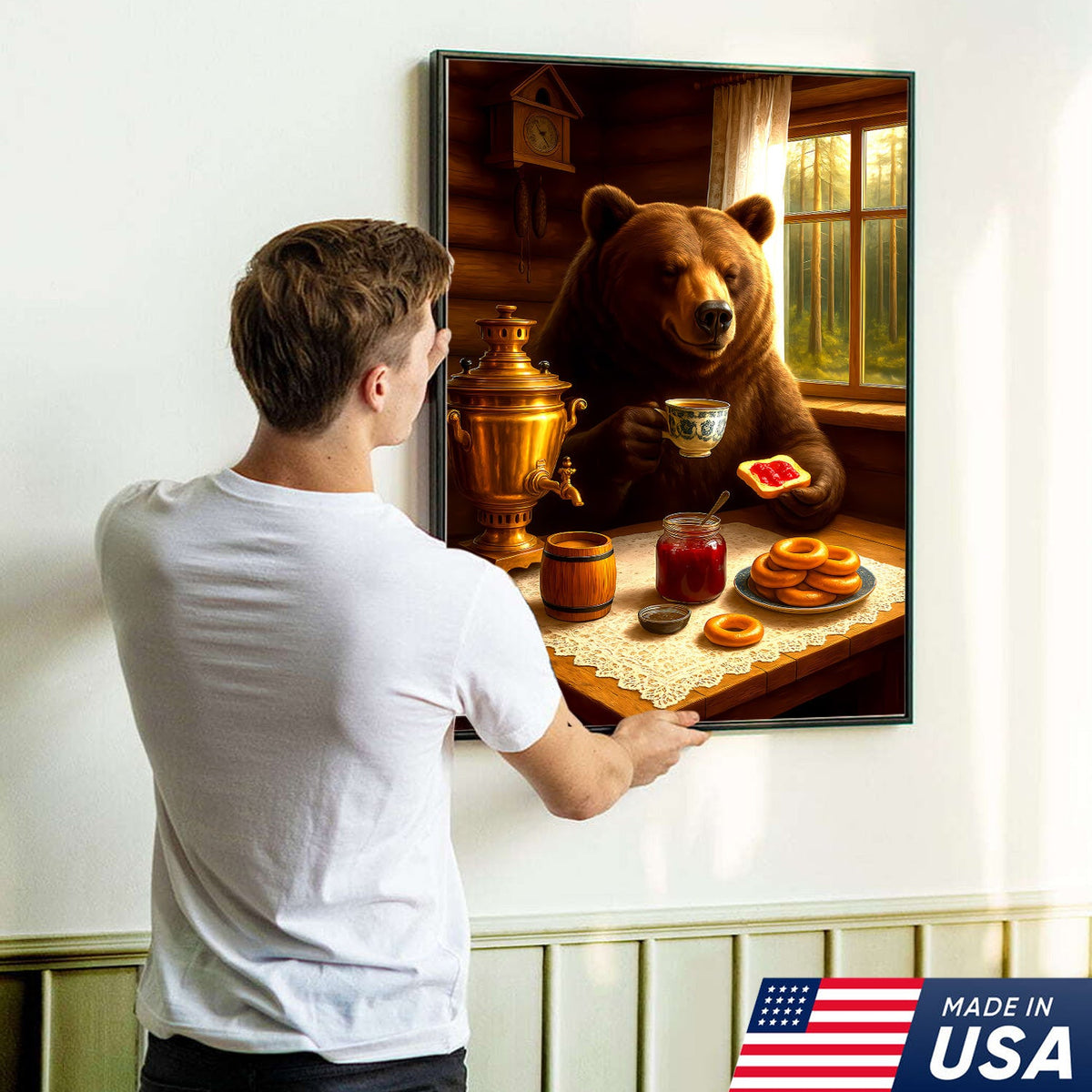 Relaxed Bear Having Tea Canvas Wall Art – Rustic Decor Funny Cozy Animal Canvas Art