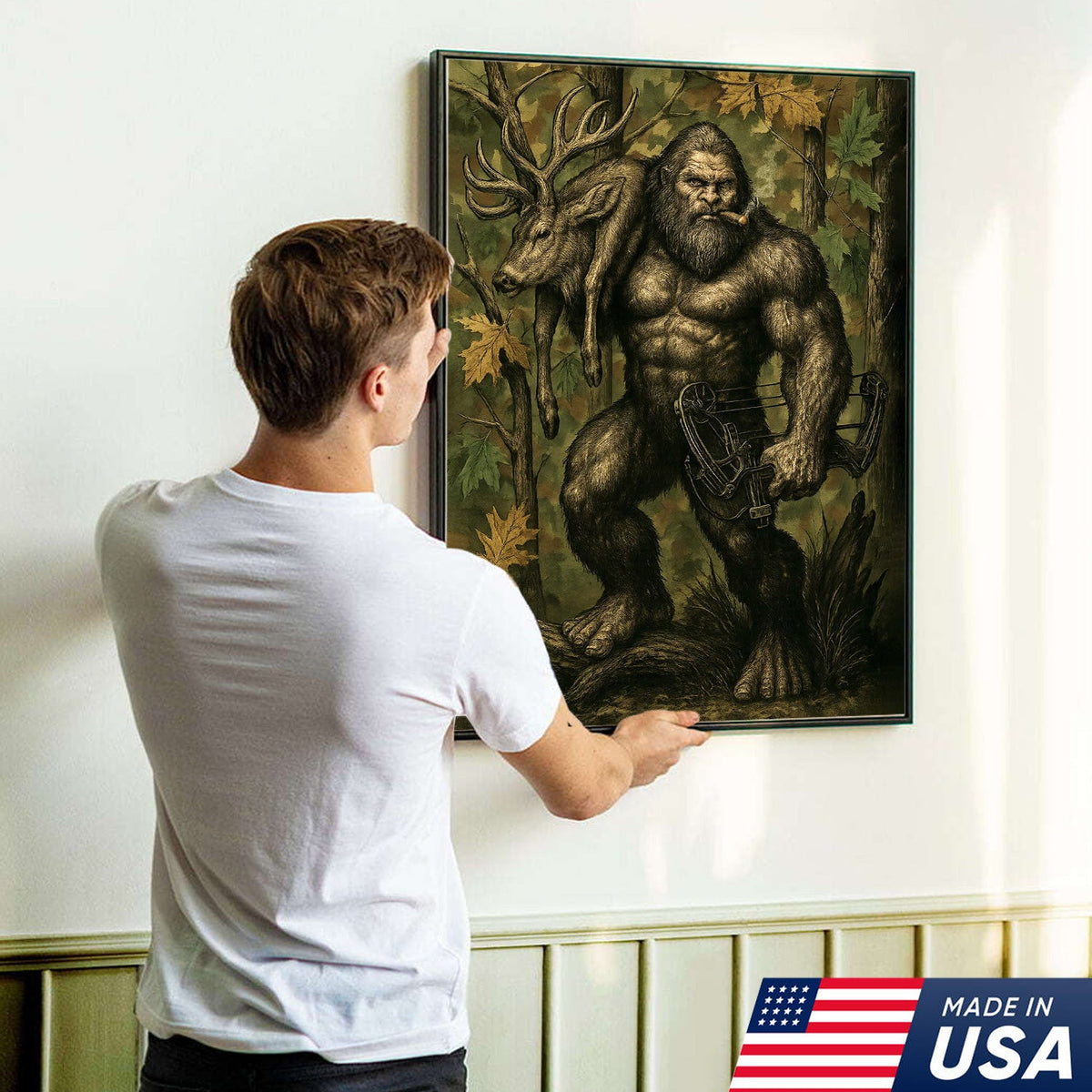 Bigfoot Hunter Canvas Wall Art, Mythical Sasquatch Bowhunting Deer Artwork