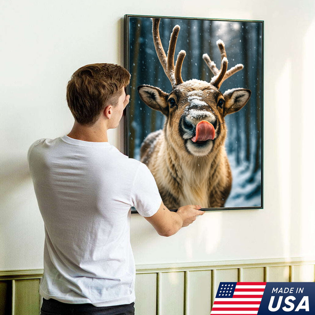 Winter Reindeer Portrait Canvas – Rustic Forest Wall Art for Cabin & Lodge Decor