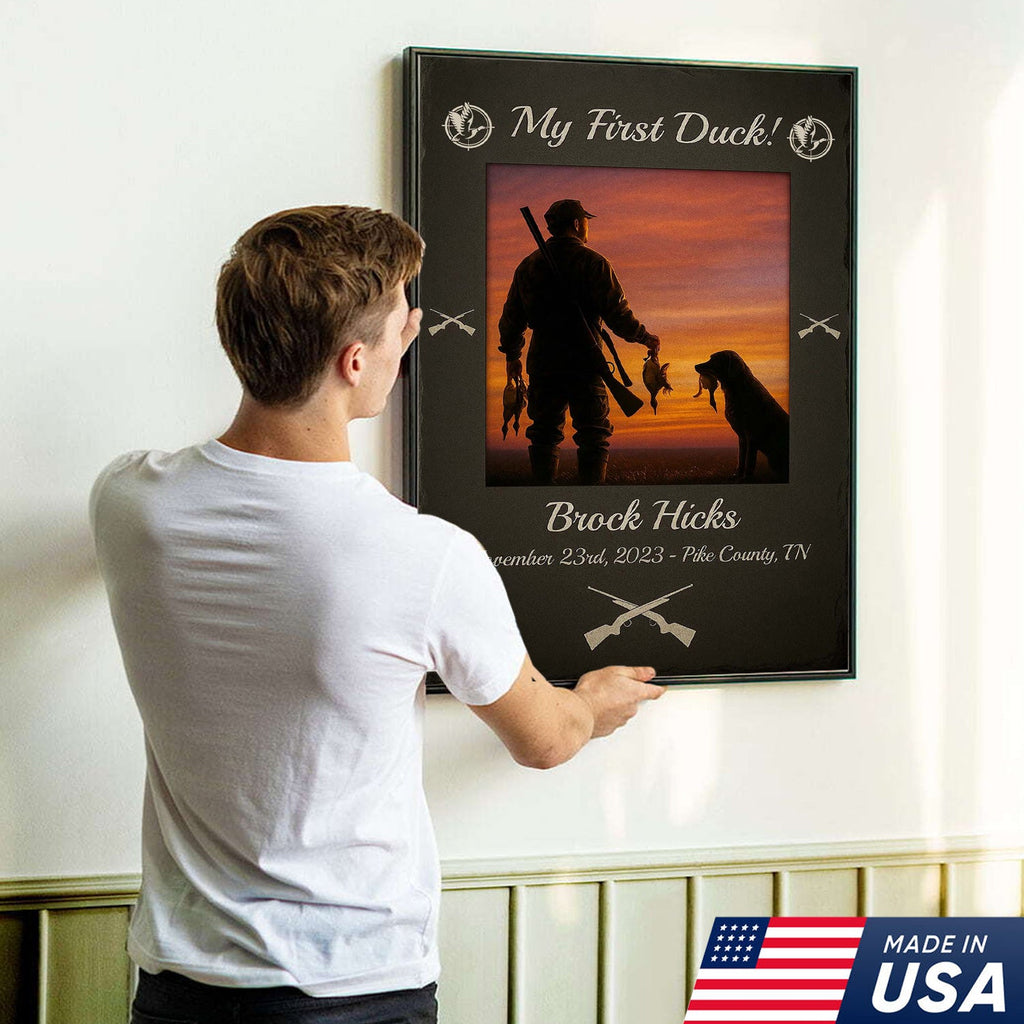 Custom My First Duck Wall Art Canvas, Personalized Duck Hunting Sunset with Dog