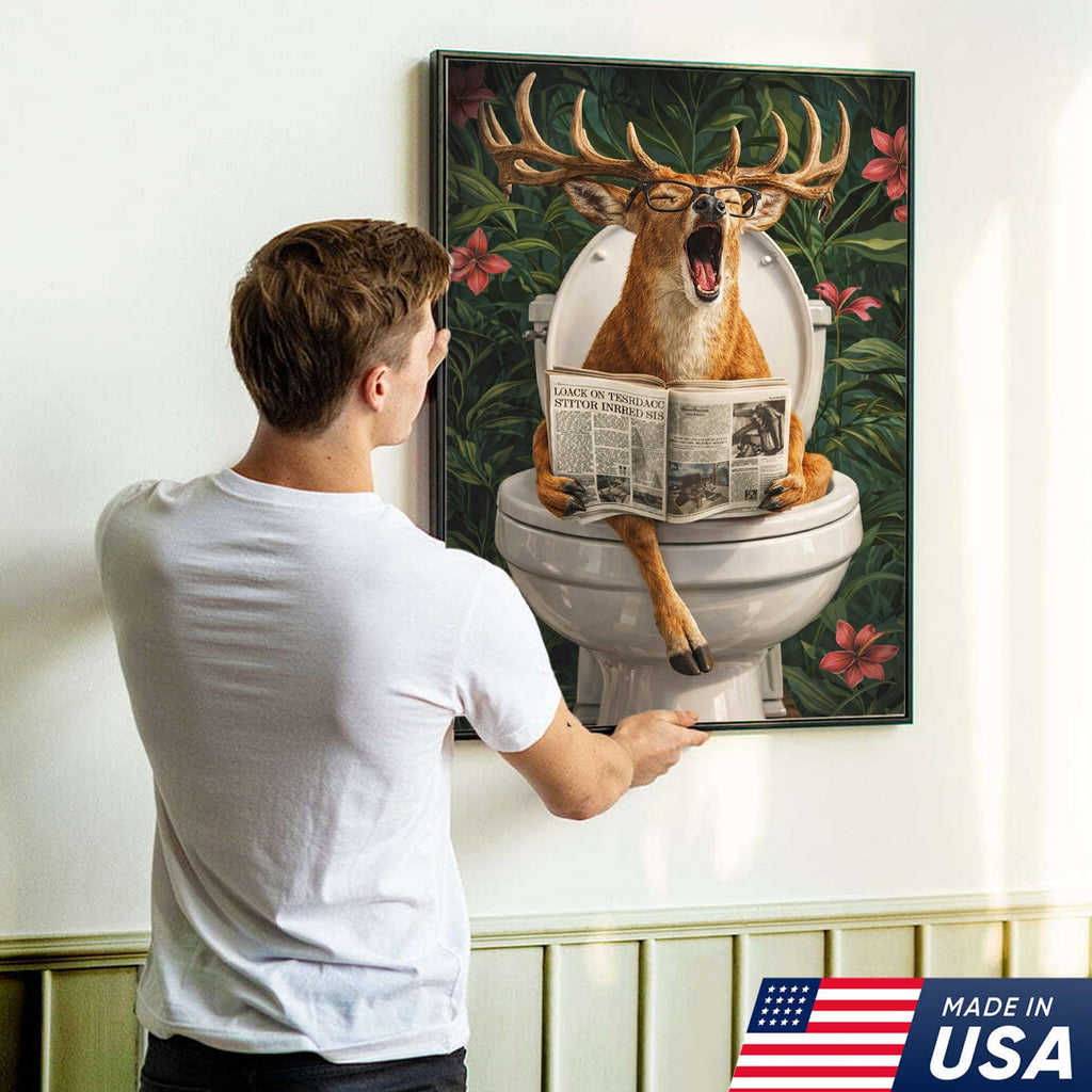 Funny Deer Toilet Canvas Wall Art – Humorous Animal Bathroom Decor with Newspaper