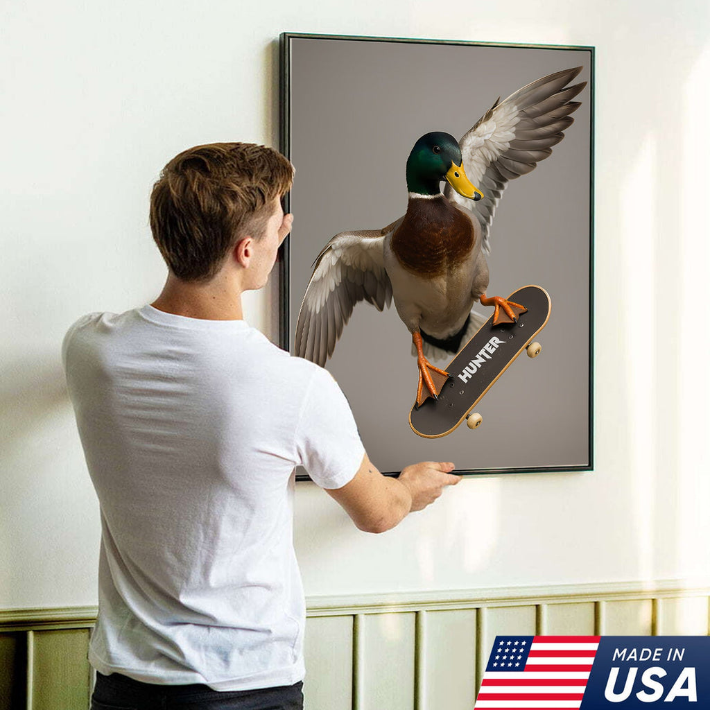 Funny Skater Duck Canvas, Cool Mallard Wall Art, Humorous Bird Lover Decor for Man Cave