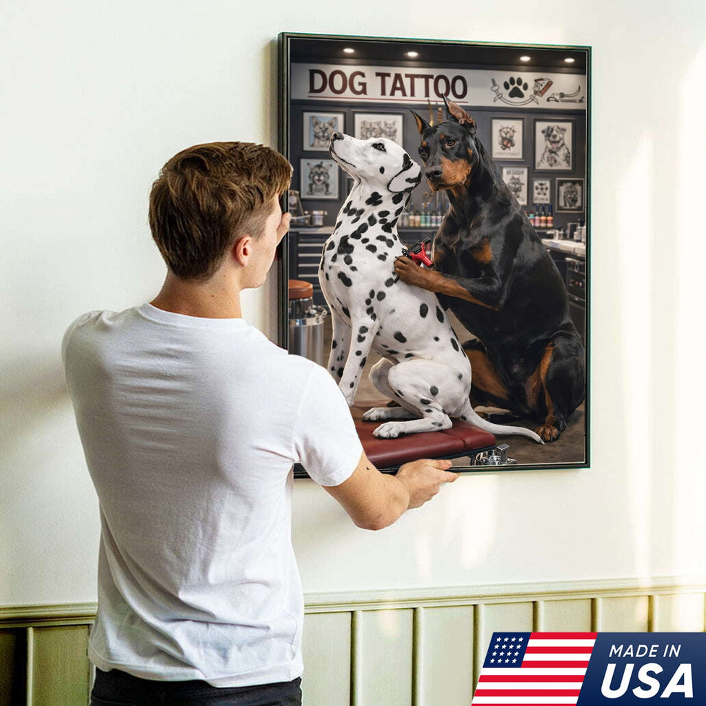Funny Dog Tattoo Studio Canvas Wall Art, Doberman Tattoo Artist with Dalmatian Client