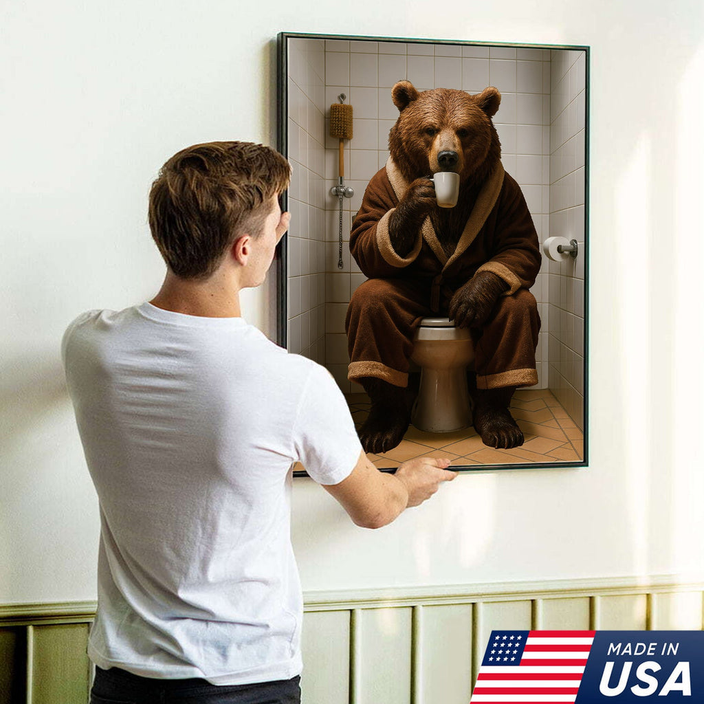 Hilarious Bear Toilet Canvas Wall Art – Morning Coffee, Quirky Bathroom Humor