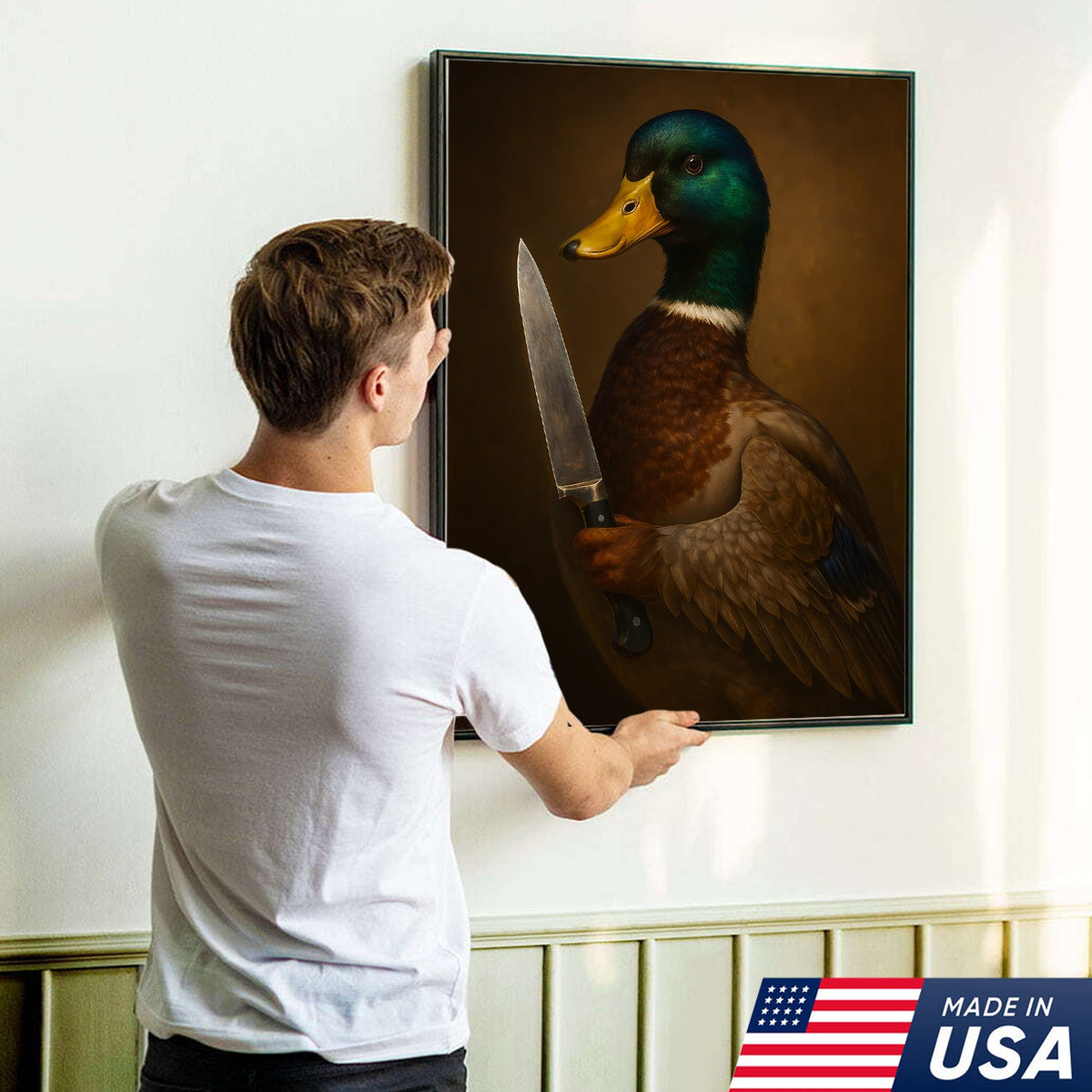 Funny Duck With Knife Wall Art – Mallard Portrait Painting, Dark Humor Animal Canvas