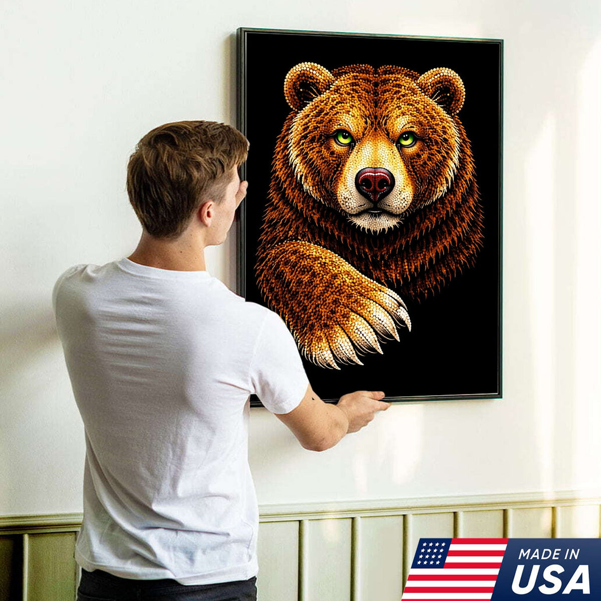 Golden Bear Portrait Canvas Wall Art – Majestic Wildlife Animal Print with Black Background